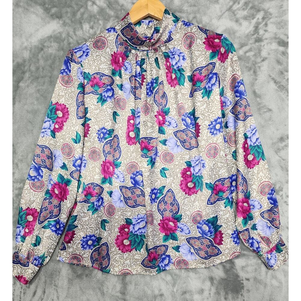 Vintage Anna Kriste Top Women 12 Multicolor Floral High Neck Pleated Long Sleeve